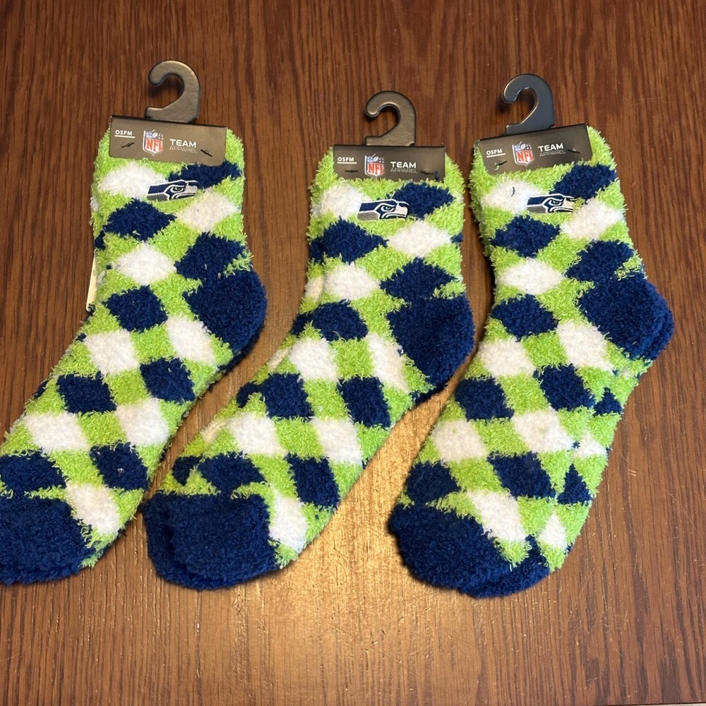Three pair NFL Seattle Seahawks Argyle Socks - Navy and Lime